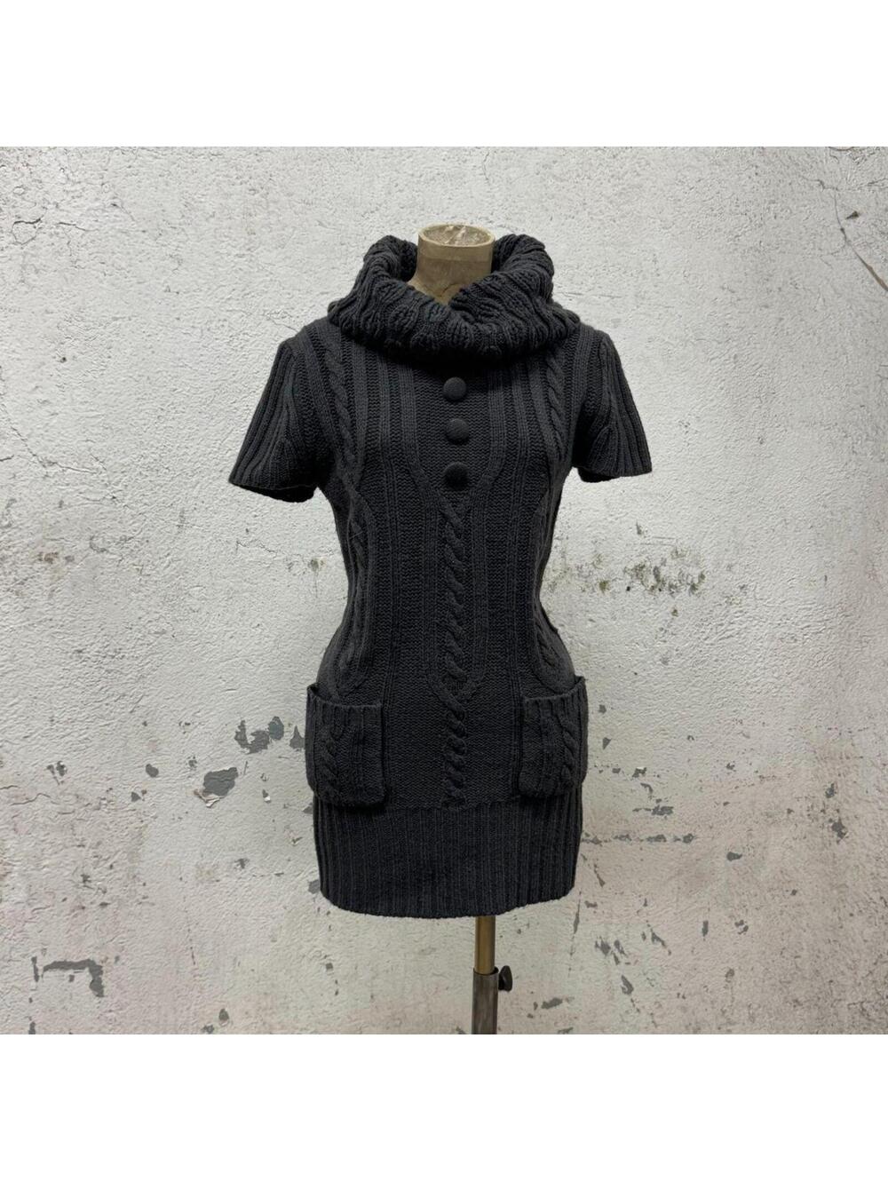 Vintage Charcoal Grey Cable-Knit Short-Sleeve Mini Dress